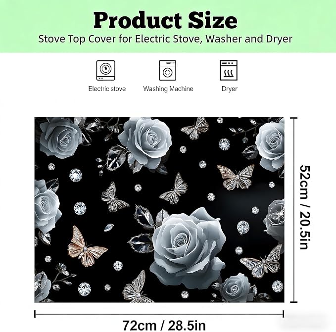 Black Rose Butterfly Stove Top Cover 28.3 x 20.5 Inches, Heat Resistant Glass - Image 2