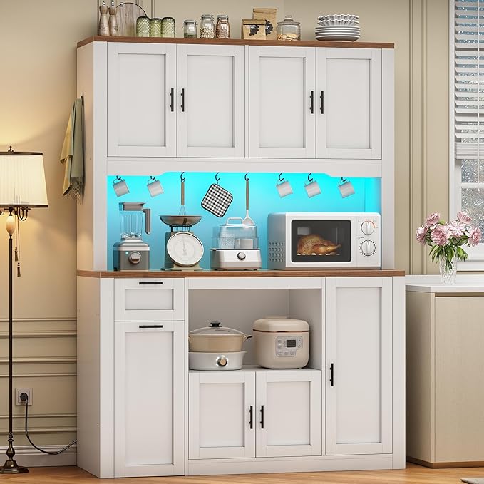 Itaar 71" Pantry Cabinet with Charging Station and LED Light, Kitchen Pantry Cabinet with Microwave Stand, 47.2" Wide Kitchen Storage Cabinets with Storage Cart 3 Tier for Dining Room, White