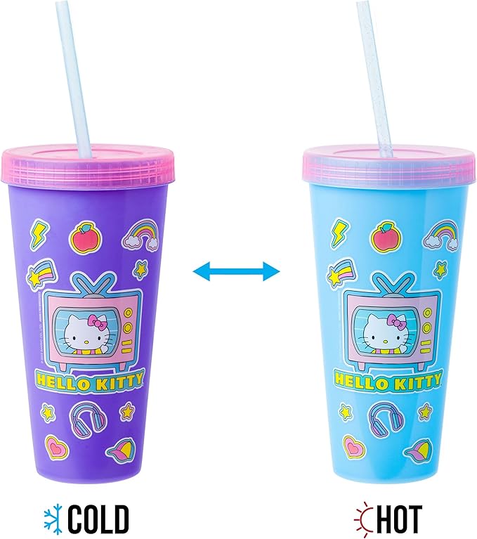 Silver Buffalo Sanrio Hello Kitty and Friends Sticker Design Featuring Kuromi, Keroppi, My Melody, and Hello Kitty 4 Pack Color Changing Plastic Tumbler Set with Glitter Straw, 24 Ounces