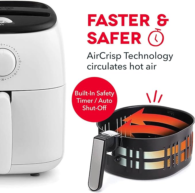 DASH Tasti-Crisp™ Electric Air Fryer Oven, 2.6 Qt., White – Compact Air Fryer for Healthier Food in Minutes, Ideal for Small Spaces - Auto Shut Off, Analog, 1000-Watt