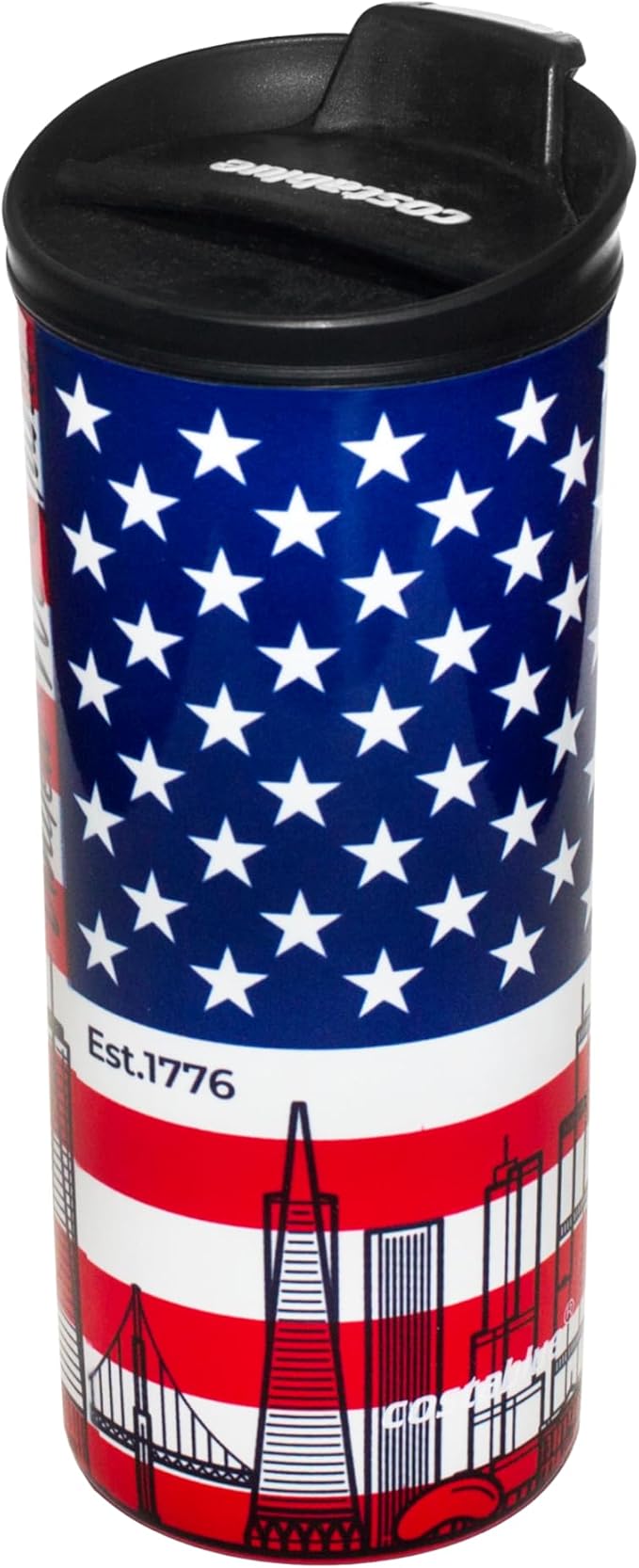 USA Vacuum Insulated Stainless Steel Thermal Travel Mug, 16 oz, Easy Clean, Flip leak Proof Lid United States of America Flag with USA Skylines…