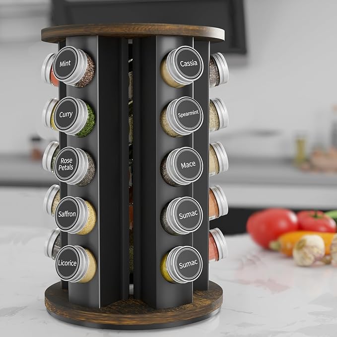 New England Stories Revolving Spice Rack Set with 25 Spice Jars, Kitchen Spice Tower Organizer for Countertop or Cabinet - Carousel Storage Includes 386 Spice Labels