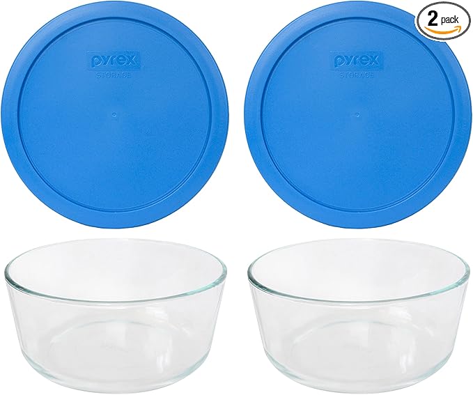 Pyrex (2 7203 7 Cup Glass Bowls & (2) 7402-PC 6/7 Cup Marine Blue Lid Made in the USA