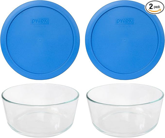 Pyrex (2 7203 7 Cup Glass Bowls & (2) 7402-PC 6/7 Cup Marine Blue Lid Made in the USA
