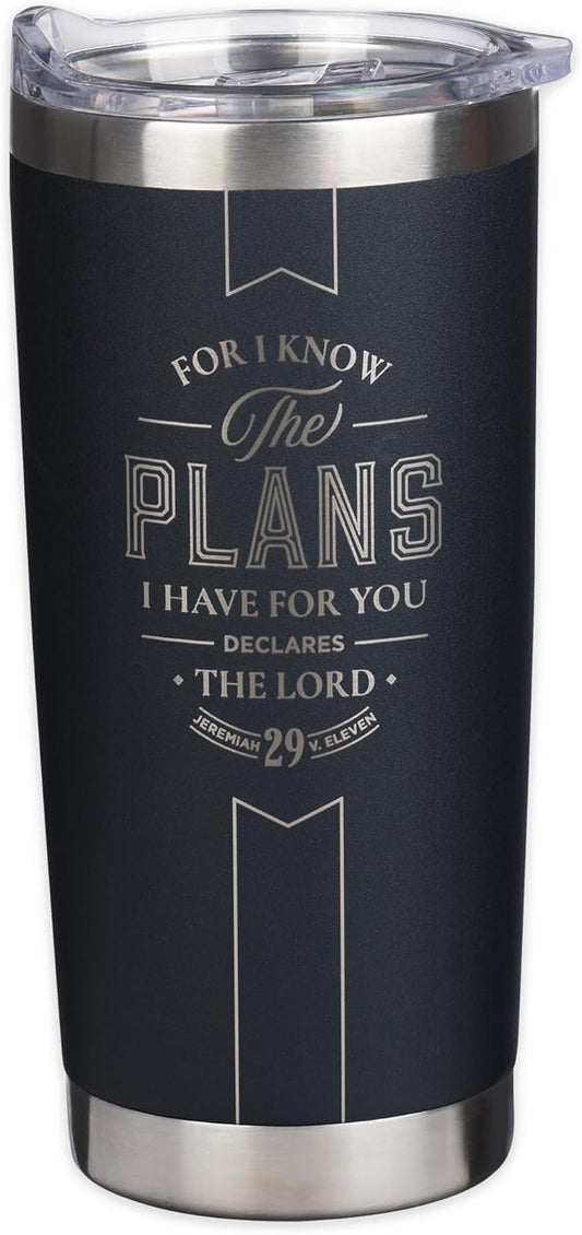 Christian Art Gifts Large Stainless Steel Inspirational Travel Tumbler for Men & Women: Know the Plans Encouraging Bible Verse, Engraved Double Wall Vacuum Insulated, Lid, 24hr Hot/Cold, Black, 18 oz.