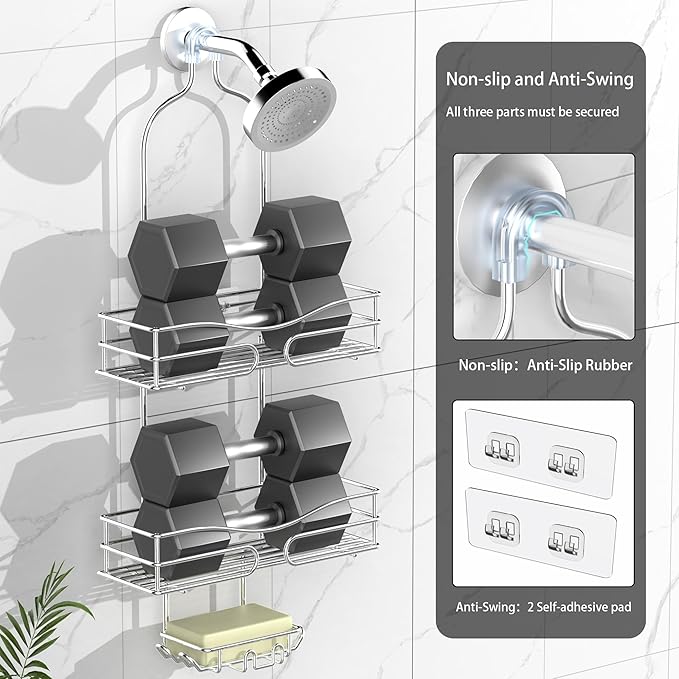 Over the Shower Head Caddy - 3 Tier Shower Caddy Hanging, Rustproof, Bathroom Rack Organizer With Hooks, Razor&Soap Holder, Brushed Nickel