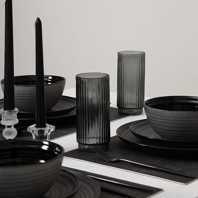 Stone Lain Dua 16-Piece Dinnerware Set Stoneware, Borosilicate Glass, Black