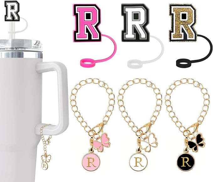 （3 +3) Nuozme Straw Cover Compatible with Stanley Tumbler Cup 3PCS Letter Straw Caps Toppers with 3 Initial Butterfly Charms Name ID For Stanley 30&40 Oz Cup