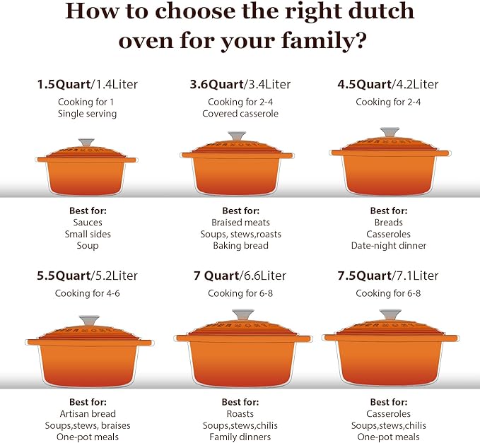 Overmont Enameled Cast Iron Dutch Oven - 7QT Pot with Lid Cookbook & Cotton Potholders - Heavy-Duty Cookware for Braising, Stews, Roasting, Bread Baking orange