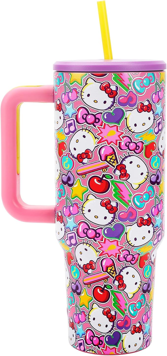 Bioworld Hello Kitty All-Over Print 40 Oz Stainless Steel Tumbler With Chunky Handle
