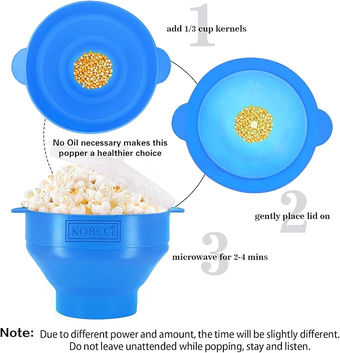 The Original Korcci Microwaveable Silicone Popcorn Popper, Microwave Popcorn Popper, Collapsible Microwave Popcorn Maker Bowl, No Oil Required, Use In Microwave, Dishwasher Safe (Light Blue)