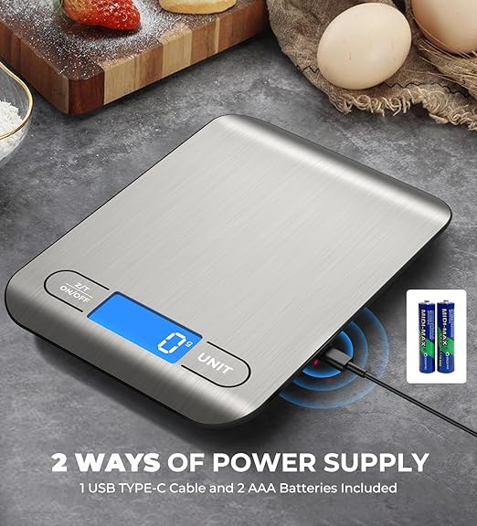 AZC Rechargeable Food Scale,33 lb Kitchen Scale, Digital Weight Grams and Ounces, 6 Units with Tare Function,8.2 x 6 x 0.7 inches