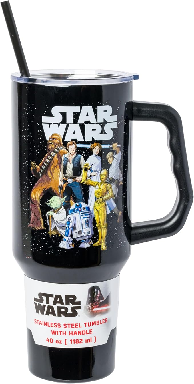 Silver Buffalo Star Wars Featuring Chewbacca, Yoda, R2-D2, C-3PO, Princess Leia, Han Solo, and Luke Skywalker Stainless Steel Tumbler with Handle and Straw, Fits in Standard Cup Holder, 40 Ounces