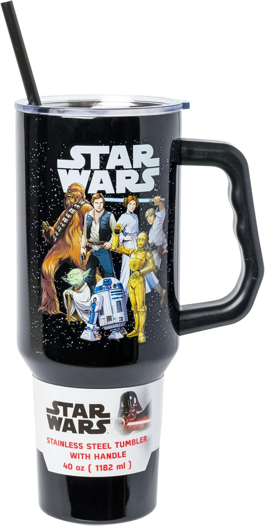 Silver Buffalo Star Wars Featuring Chewbacca, Yoda, R2-D2, C-3PO, Princess Leia, Han Solo, and Luke Skywalker Stainless Steel Tumbler with Handle and Straw, Fits in Standard Cup Holder, 40 Ounces