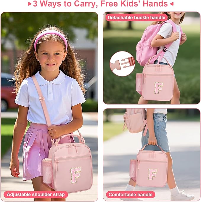 Initial Insulated Lunch Bag for Girls Kids, Back to School Gift, Reusable Leak-proof Lunch Box with Adjustable Strap for School Daycare Travel Picnic (Pink,F)