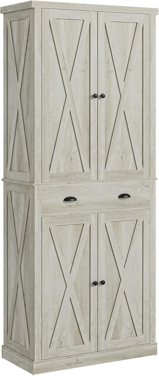 IRONCK Kitchen Pantry Storage Cabinet 83.9" H, with Barn Doors, Drawer, 4 Adjustable Shelves, Freestanding Cupboard for Dining Room Living Room, Laundry, Rustic Maple