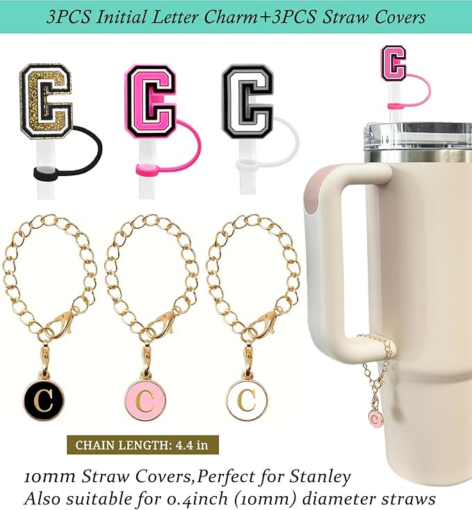 （3 +3) 3PCS Nuozme Straw Cover 10mm For Stanley Tumbler Cup Reusable Straw Cap Topper with 3 Initial Letter Charms Accessories Name ID Personalized Handle Charm For Stanley 30&40 Oz Cup Tumbler