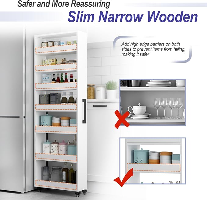 7-Tier Slim Storage Cart, Wooden Rolling Pantry Cabinet with Wheels, Narrow Shelf Organizer for Kitchen, Bakers Rack, Dining Room, Closet, Small Spaces Teak 47.2" H*9.8" W*16.9" D