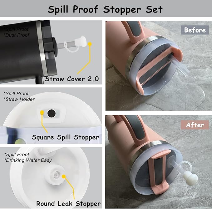 Stanley Cup Accessories Set,Including 2 Pcs 0.4in Straw Cover, 1 Silicone Spill-Proof Stopper Set of 3, 1 Cute Rose Handle Charm, 1 Silicone Boot Fits Stanley 40&30 Oz Tumbler (Black 2.0)