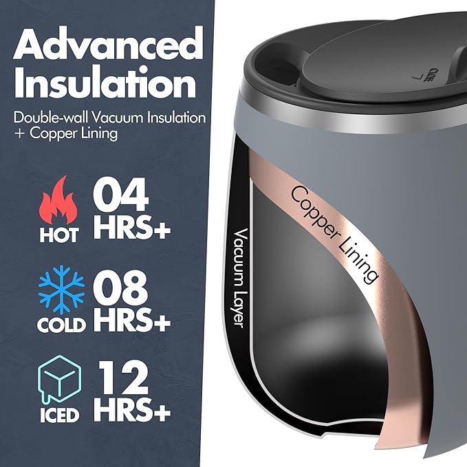 GRANDTIES Insulated Coffee Mug with Handle - Sliding Lid for Splash-Proof 16oz Wine-Glass Shape Thermal Tumbler with Double Walled Vacuum Stainless Steel to Keeps Beverages Hot or Cold-Stone Grey