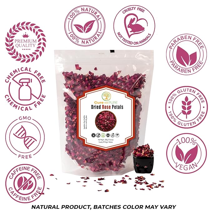Cure Wid Pure Certified Organic Dried Rose Petals 7oz Food-Grade Edible Rose Petals for Tea,Cocktails,Baking,Skincare & DIY - Sun-Dried,Non-GMO,Gluten & Chemical-Free Edible Flowers in Resealable Bag