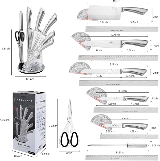 Kitchen Knife Set, Retrosohoo 9-Piece Silver Sharp Non-Stick Coated Chef Knives Block Set,Stainless Steel Knife Set for Kitchen with Sharpener for Cutting Slicing Dicing Chopping (Silver)