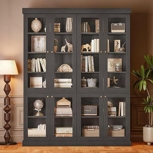 70.8" Tall Black Bookshelf with Glass Doors, Farmhouse Modular Bookcase with 6-Tier Adjustable Shelves, Large Storage Cabinet for Home Office, Living Room, Set of 2