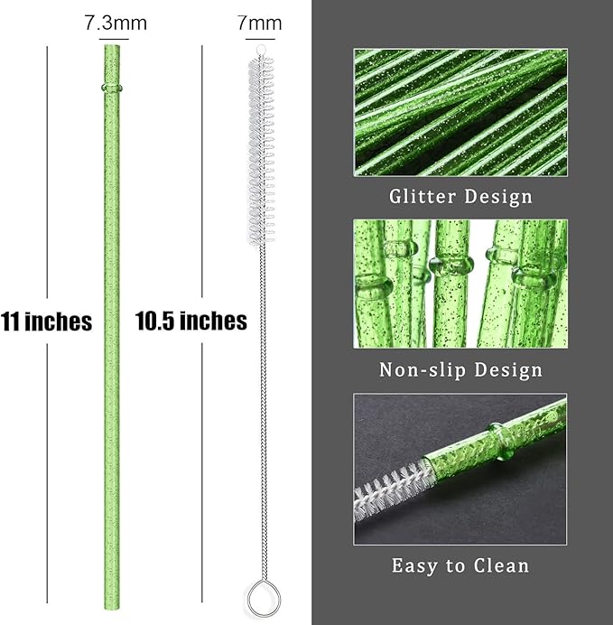 ALINK 12PCS Reusable Clear Green Glitter Straws, 11" Long Hard Plastic Tumbler Drinking Straws with Cleaning Brush