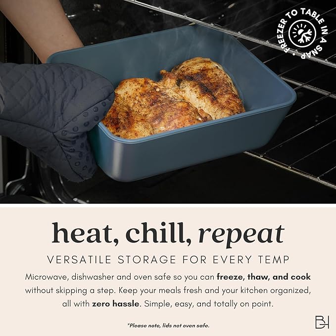 Ceramic Coated Glass Food Storage Container | No PTFE, PFOA, PFAS, and BPA | Reusable Non Toxic Meal Prep Container with Glass Lid | Easy To Store | 11 Cup Rectangle [Dusk]