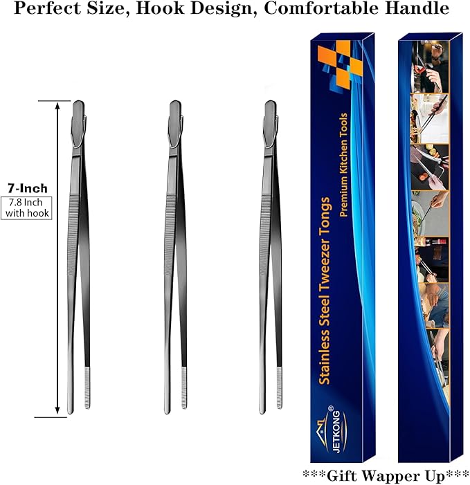 JETKONG 7 Inch Tweezers Tongs Mini Kitchen Food Tweezers Small Cooking Thin Tongs, Set of 3 (7 7 7 Inch, Black)
