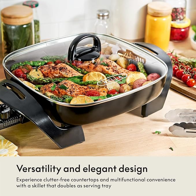 BELLA Electric Ceramic Titanium Skillet, Roast, Fry and Steam, Healthy-Eco Non-stick Coating, Convenient Easy Clean Up, Glass Lid Included, 12" x 12", Copper/Black