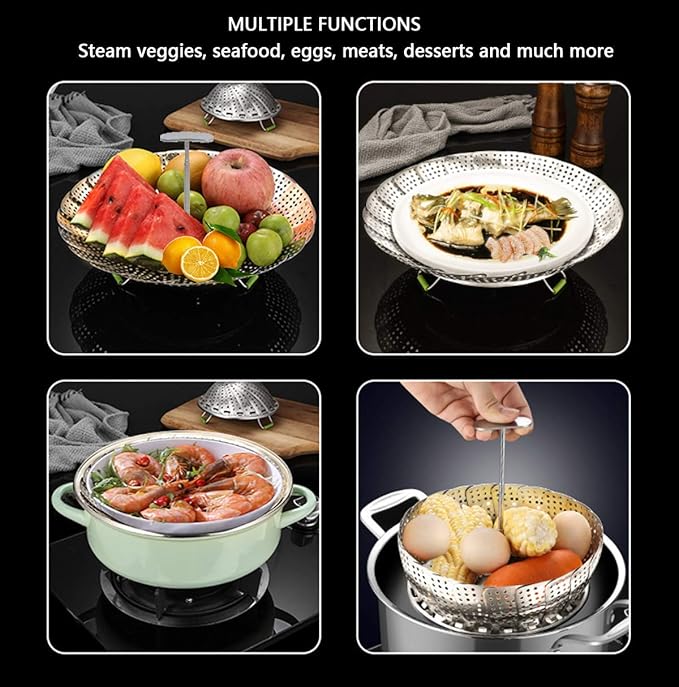 Stainless Steel Veggie Steamer Basket with Folding Handle - Expandable to Fit Pots 6.4" to 10"