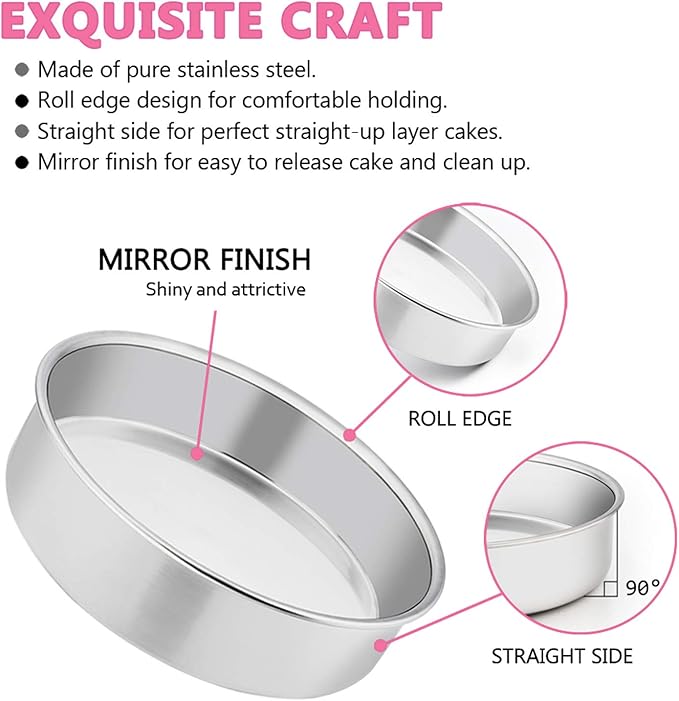 E-far 6 Inch Cake Pan Set of 2, Stainless Steel Round Smash Cake Baking Pans, Non-Toxic & Healthy, Mirror Finish & Dishwasher Safe