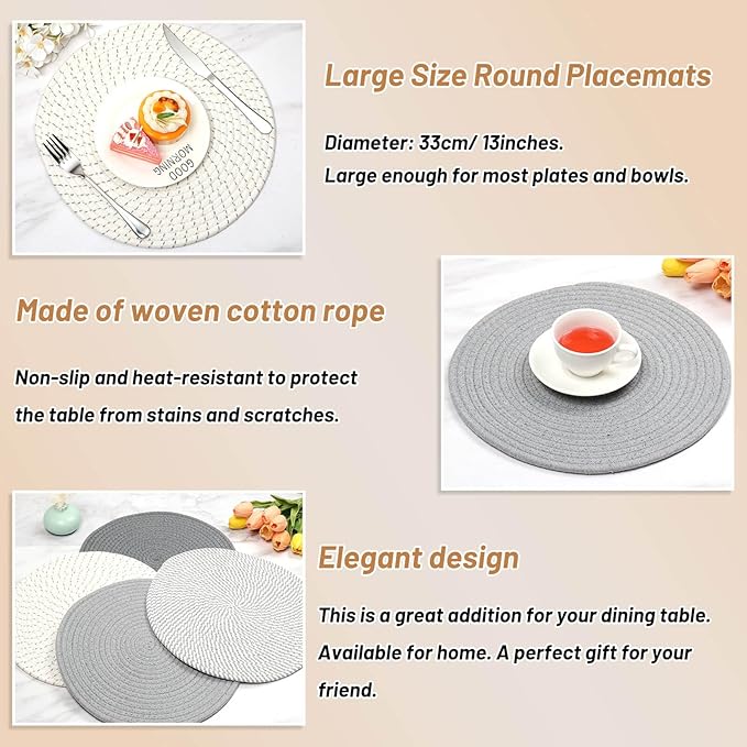 Billbotk Round Woven Placemats Set of 4, 13 Inches Kitchen Table Place Mats for Dining Table, Trivets for Hot Pots and Pans, Boho Table Decorations for Table Setting, Tabletop Accessories