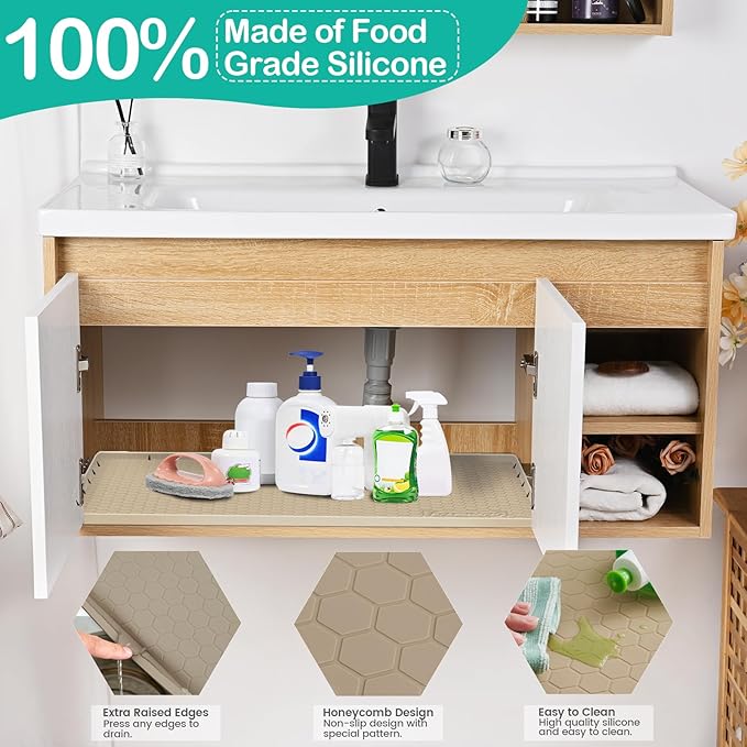 Waterproof Under Sink Mat 28" x 19", Silicone Cabinet Liner, Rubber Protector for Kitchen and Bathroom, Keeps Cabinets Clean, Dry, and Organized (Mint Green)