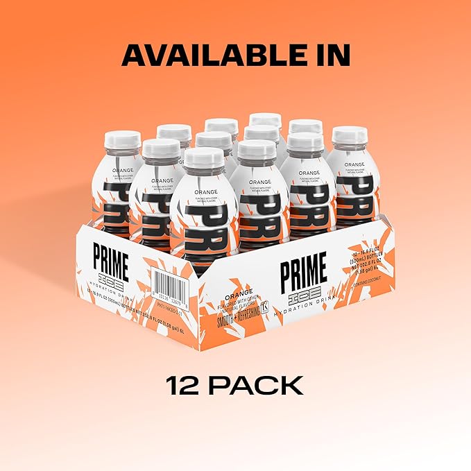 PRIME Hydration ICE ORANGE, Sports Drinks, Electrolyte Enhanced for Ultimate Hydration, 250mg BCAAs, B Vitamins, Antioxidants, Low Sugar, 16.9 Fl Oz, 12 Pack