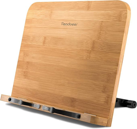 Readaeer Bamboo Book Stand, Large Book Holder with 6 Adjustable Height, Foldable Cookbook Stand Desktop Document Holder for Kitchen & Office (13.4 x 9.3 Inch)