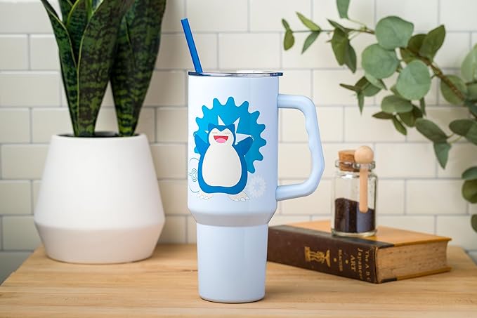 Silver Buffalo Pokémon Stainless Steel Tumbler with Handle Featuring Snorlax, Fits in Standard Cup Holder, 40 Ounces