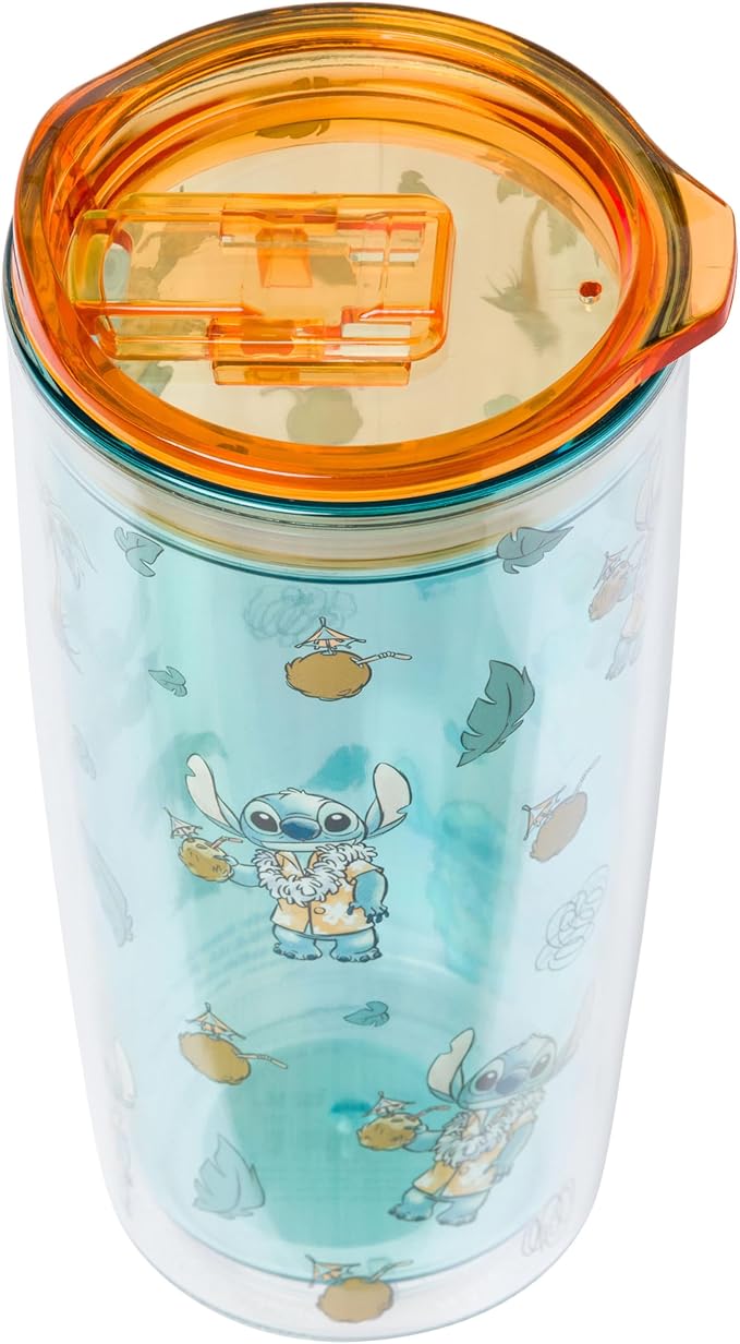 Silver Buffalo Disney Lilo and Stitch Hawaiian Shirt and Coconuts Pattern Double Wall Travel Tumbler with Slide Close Lid, 20 Ounces