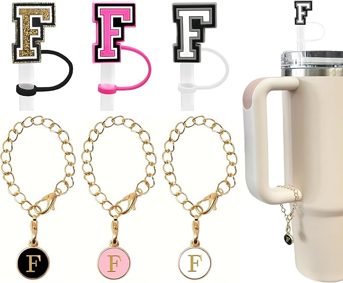 （3 +3) 3PCS Nuozme Straw Cover 10mm For Stanley Tumbler Cup Reusable Straw Cap Topper with 3 Initial Letter Charms Accessories Name ID Personalized Handle Charm For Stanley 30&40 Oz Cup Tumbler