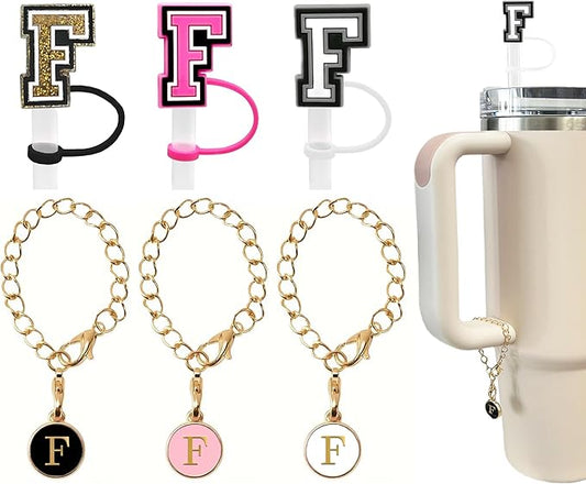 （3 +3) 3PCS Nuozme Straw Cover 10mm For Stanley Tumbler Cup Reusable Straw Cap Topper with 3 Initial Letter Charms Accessories Name ID Personalized Handle Charm For Stanley 30&40 Oz Cup Tumbler