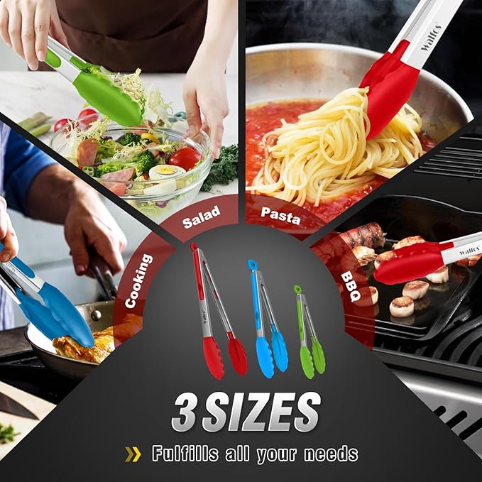 Walfos Silicone Tongs for Cooking - Heat Resistant kitchen tongs for Salad,Cooking, Grilling,Stainless Steel and BPA Free Silicone Tips set of 3 (7" 9" and 12 inch)