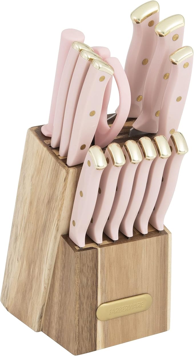 Farberware 15-Piece Triple Riveted Acacia Knife Block Set, High Carbon-Stainless Steel Kitchen Knives with Ergonomic Handles, Razor-Sharp Knife Set, Pink and Gold