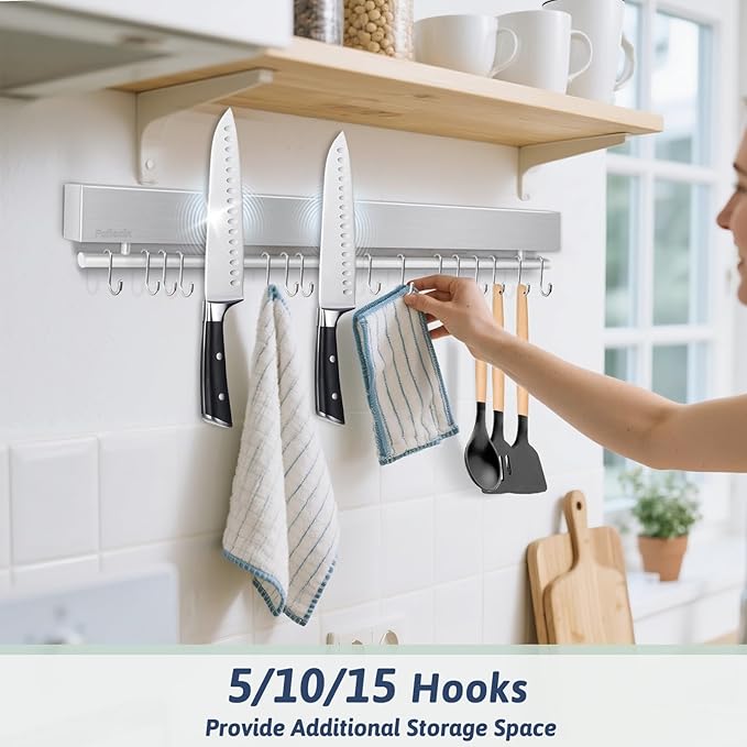 23 Inch Magnetic Knife Holder for Wall - Stainless Steel Magnet Knife Strip No Drill with 15 Hooks/Adhesive Tape/Screws, Kitchen Utensil Holder, Magnetic Knife Organizer, Wall Mounted Knife Storage
