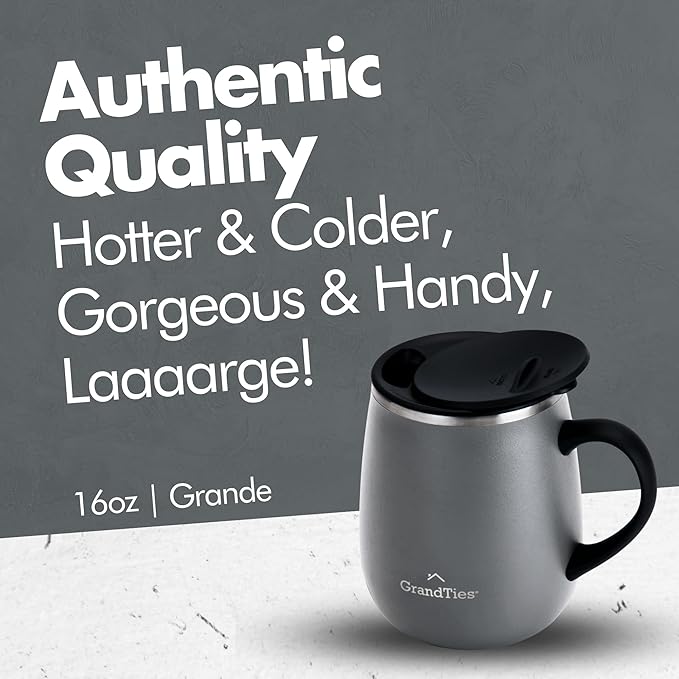 GRANDTIES Insulated Coffee Mug with Handle - Sliding Lid for Splash-Proof 16oz Wine-Glass Shape Thermal Tumbler with Double Walled Vacuum Stainless Steel to Keeps Beverages Hot or Cold-Stone Grey