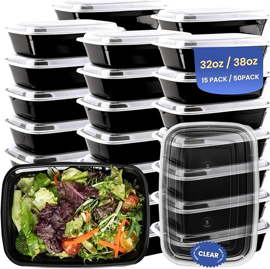 32oz 15 Pack Meal Prep Containers Reusable BPA-Free, Disposable Food Storage Containers with Lids, Bento Box Leakproof To Go Food Containers, Microwave Freezer Dishwasher Safe