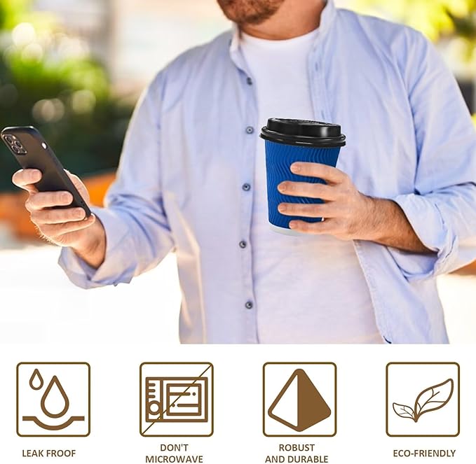 100 Pack Coffee Cups with Lids 12oz, Disposable Insulated Ripple Wall To Go Paper Coffee Cups for Hot/Cold Drinks Office Home Shop Event (Navy)