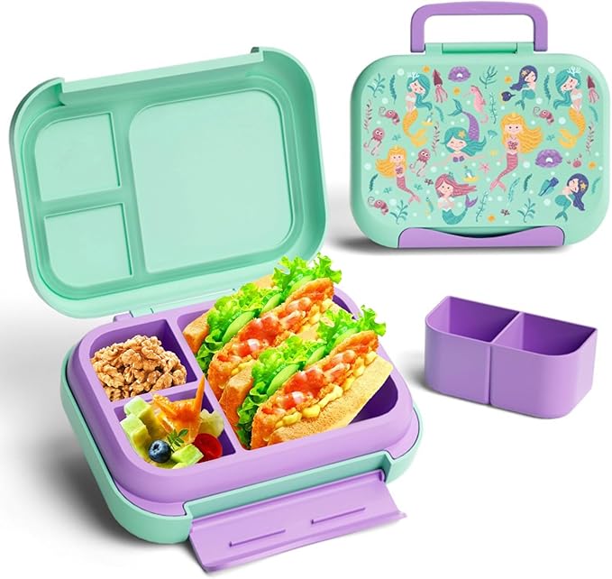 Prints Leak-Proof XL Lunch Box - Reusable 3-Compartment Containers Bento Box for meal Prepping;5-Cup Capacity for Adults & Ages 8+, BPA-Free, Dishwasher Safe (Green - Mermaids Sea)