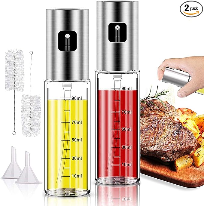 2 Pack Oil Sprayer for Cooking, Olive Oil Sprayer Mister for Air Fryer Kitchen Glass Bottle Versatile Spray Oil Dispenser Refillable Vinegar Spritzer for BBQ Salad Baking Roasting Grilling