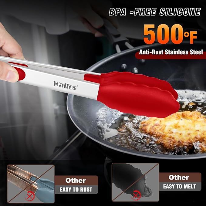Walfos Silicone Tongs for Cooking - Heat Resistant kitchen tongs for Salad,Cooking, Grilling,Stainless Steel and BPA Free Silicone Tips set of 3 (7" 9" and 12 inch)